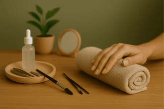 Scène douce en institut : main reposant sur une serviette, avec accessoires de soin des mains, des cils et des sourcils