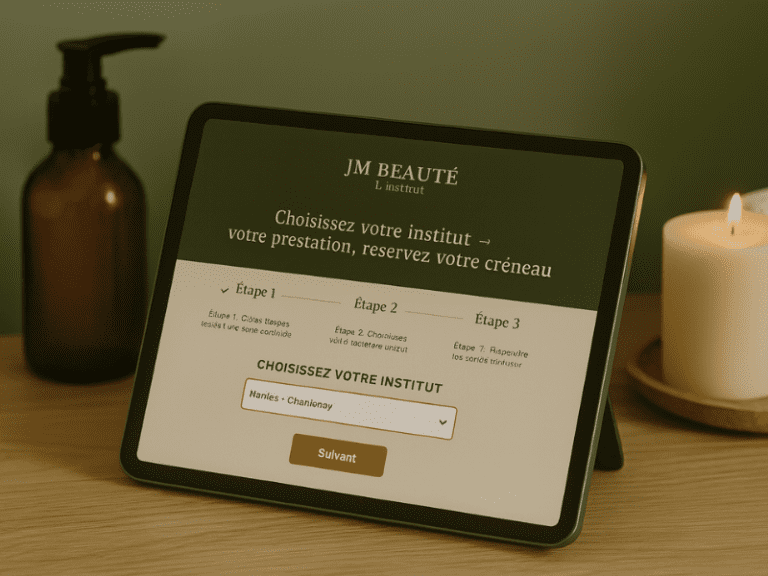 Tablette affichant la page de réservation JM Beauté, posée sur une table en bois clair avec flacon de soin et bougie.