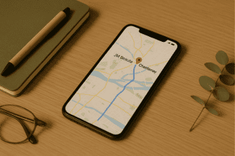 Smartphone affichant l’itinéraire vers JM Beauté Chantenay, posé sur une table en bois clair avec carnet, lunettes et branche d’eucalyptus, dans une ambiance douce et naturelle.