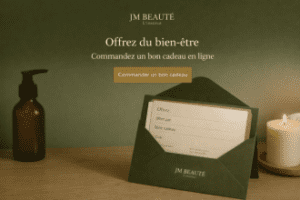 carte cadeau bien-être jm beauté à nantes avec enveloppe élégante et ambiance détente bougie et flacon