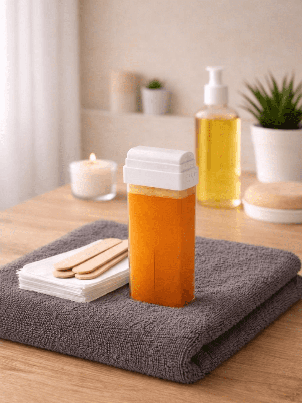 Cire et matériel utilisés pour une épilation des jambes complètes en institut à Nantes dans un environnement propre et apaisant